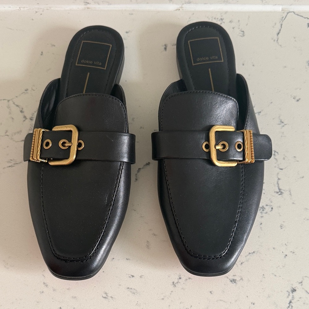 Dolce Vita Black Leather Slip-On Mules with Gold Buckles